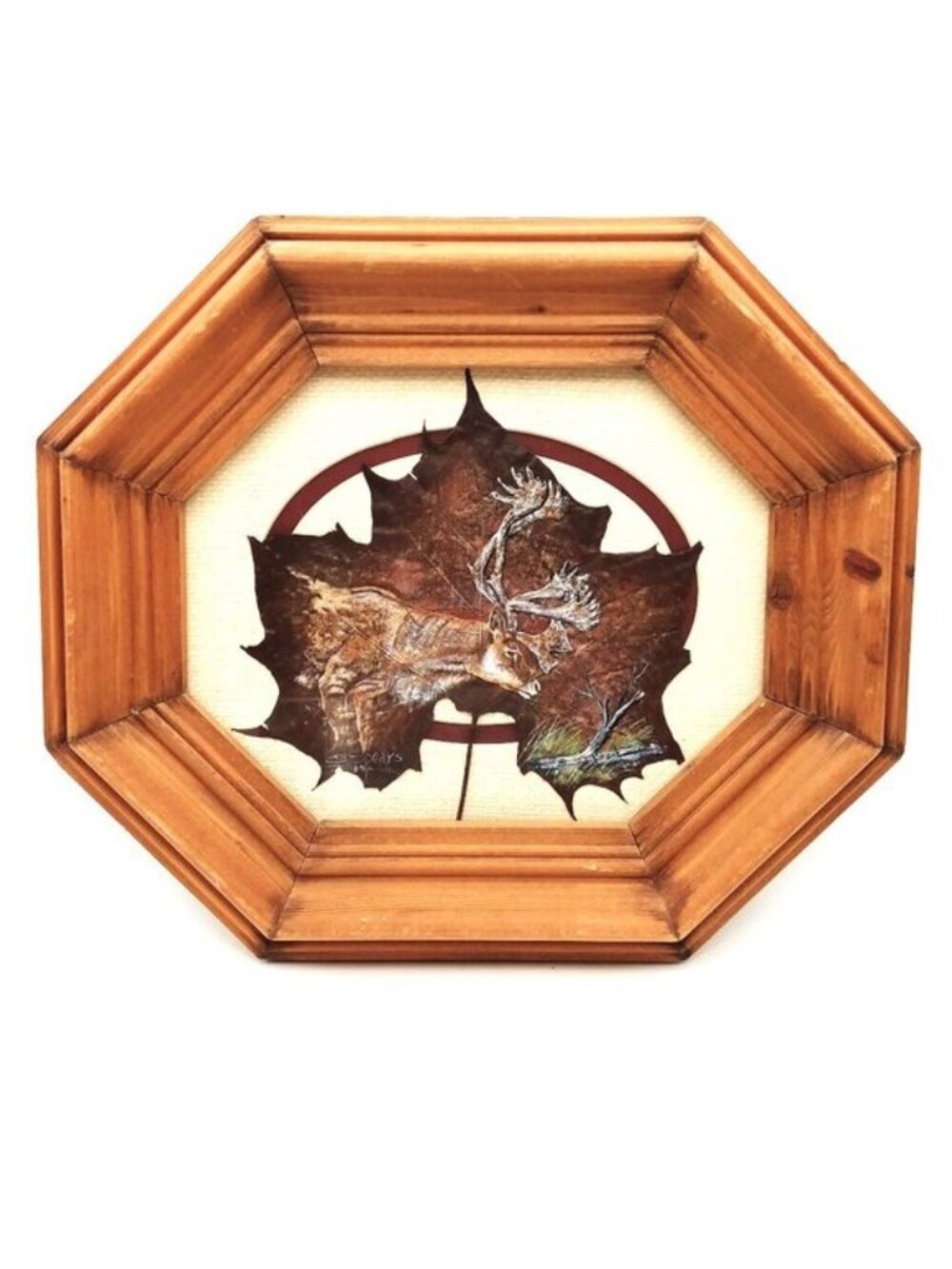 VTG Hand Painted Moose Real Leaf Wood Framed Hunt Cabin Lodge Signed Ed Spears
